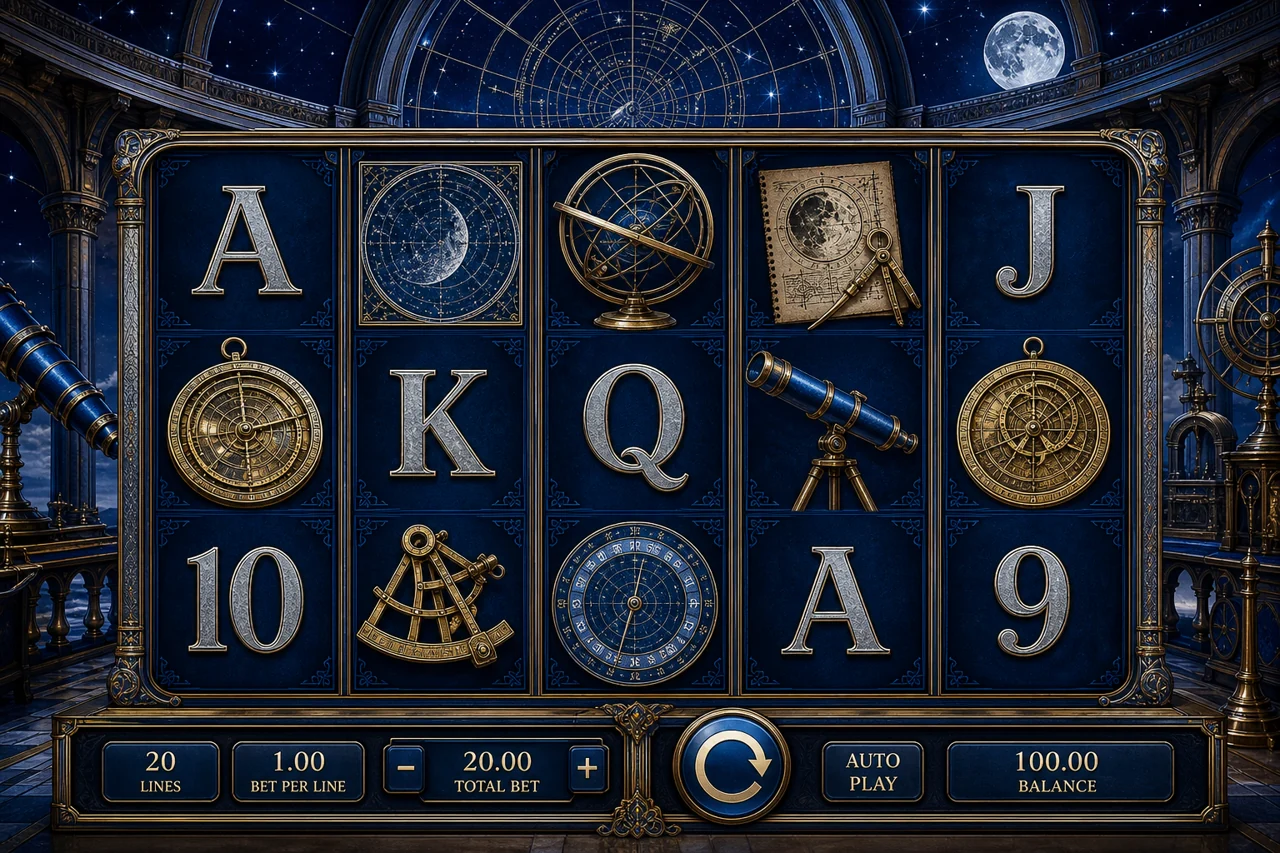 A five-reel ancient observatory slot, brass astrolabes, moon maps and sapphire telescope symbols, detailed star observatory architecture, midnight blue and silver