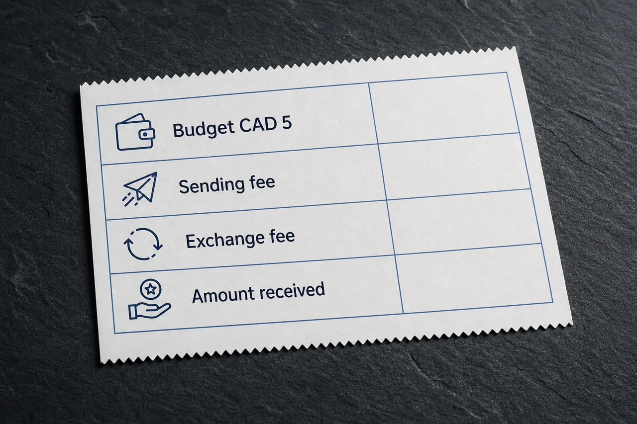 An itemized payment receipt on a slate surface with four exact labels "Budget CAD 5", "Sending fee", "Exchange fee", "Amount received"