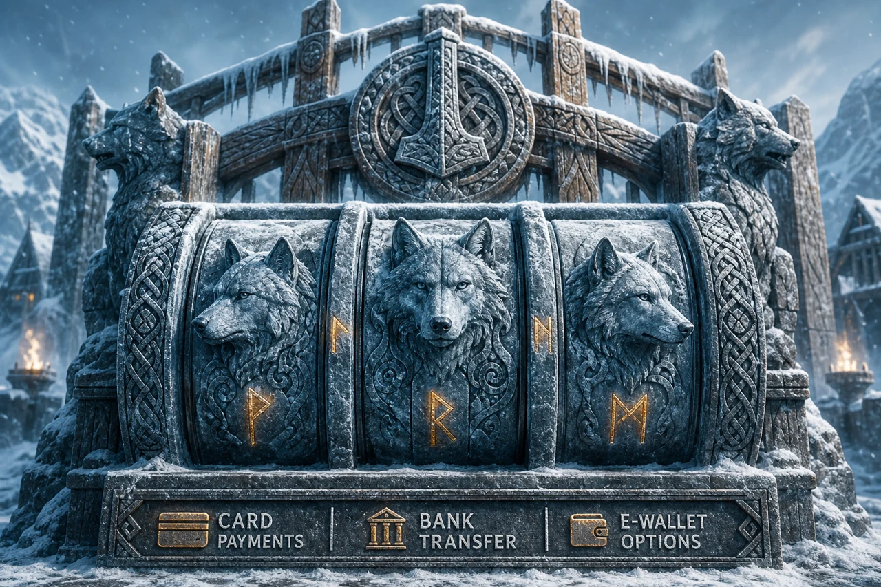 A Nordic rune-themed slot with wolves carved into frozen stone reels, amber runes and snow-covered Viking gate behind, cinematic frosty blue
