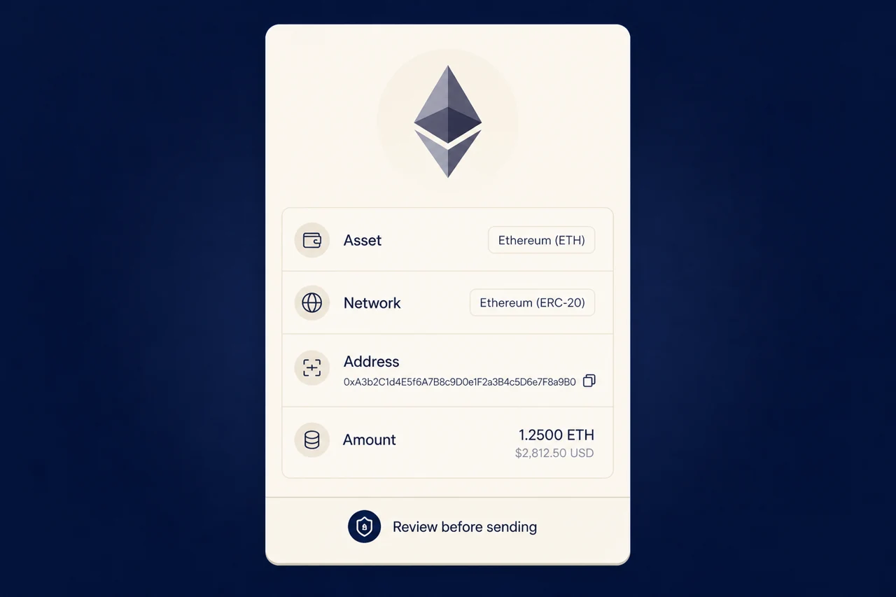 Detailed withdraw review mockup with Ethereum mark, fields "Asset", "Network", "Address", "Amount", and footer "Review before sending"